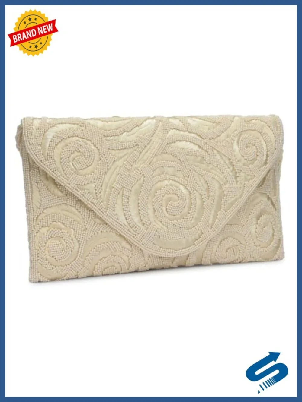 Silver Beaded Rose Embroidered Evening Clutch with Detachable Chain Strap